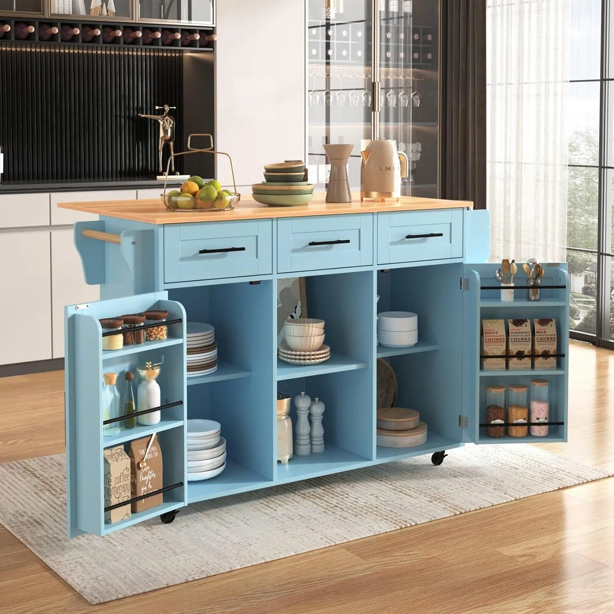 Desserte Cuisine 139x46x91.5cm: avec tiroirs, pliable, 3 Tiroirs, 139 × 46 × 91.5cm, bleu