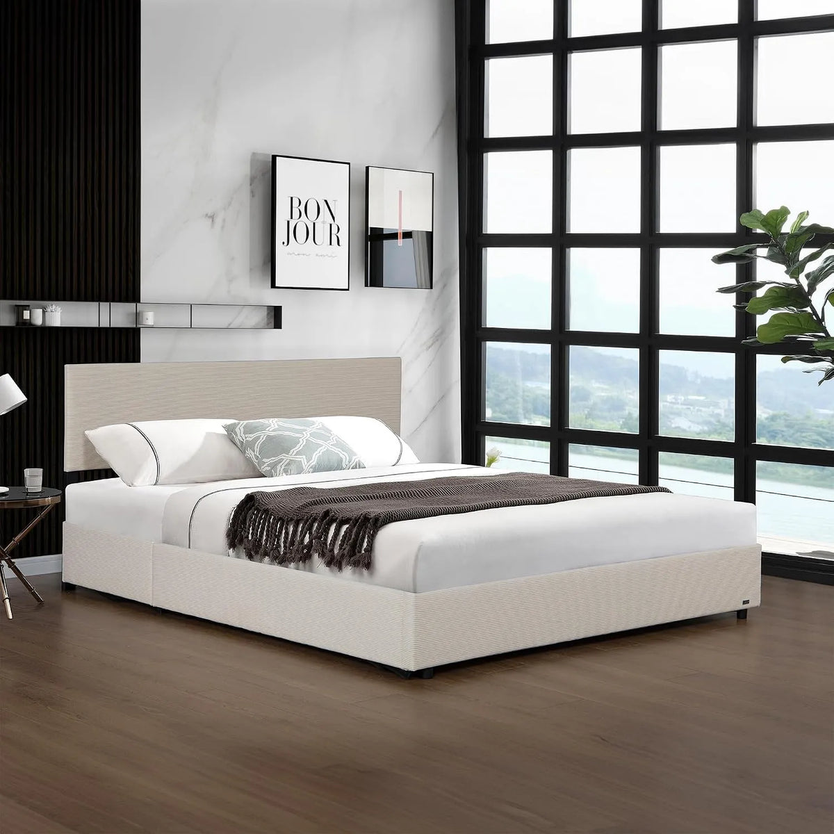 Corium Lit Coffre Rembourré avec Sommier à Lattes Rabattable Tête – en métal, en polyester, en velours côtelé, en bois, 160 × 200 cm, 300 kg, beige