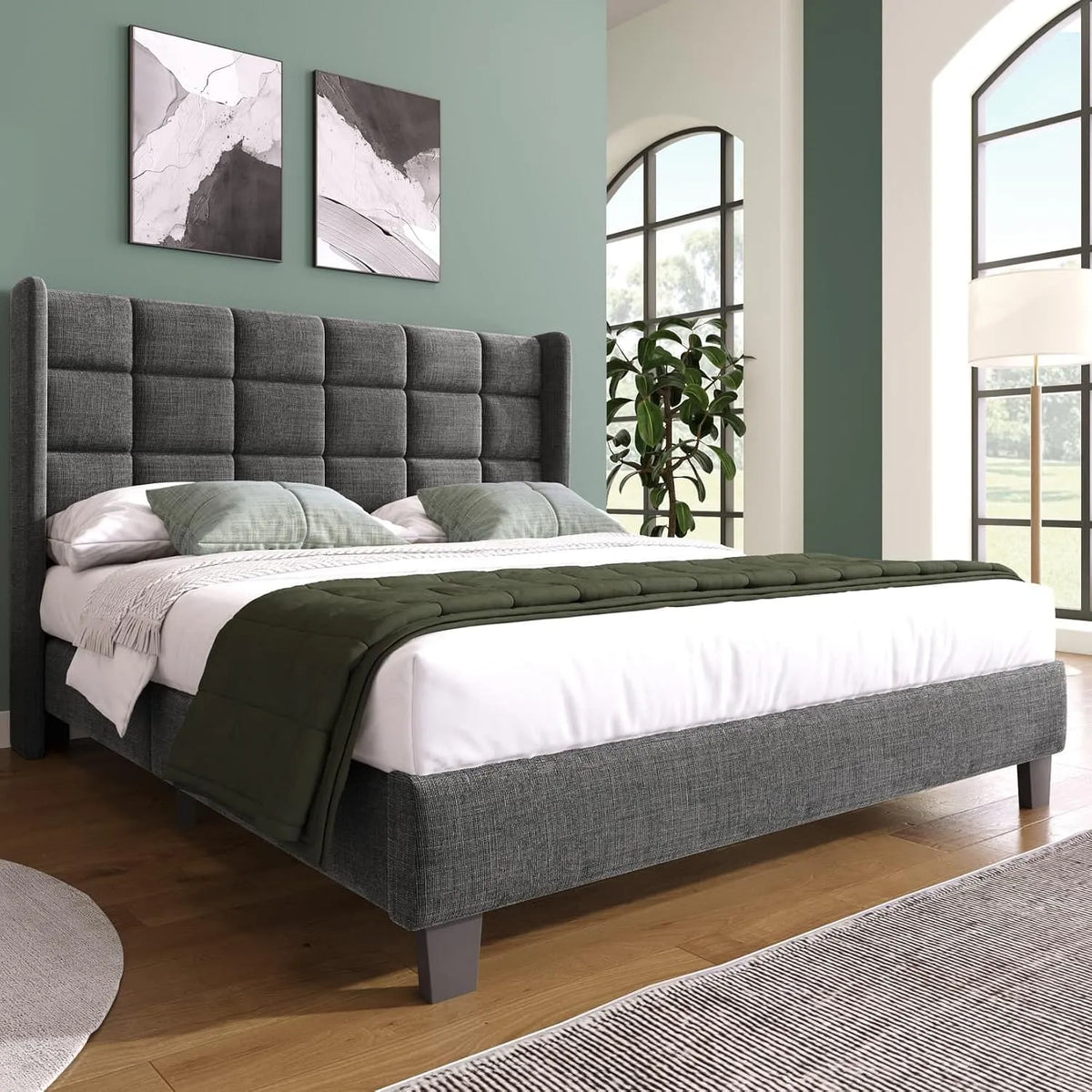 Lit Double 140x200cm avec Tête Capitonné – pour enfant, revêtement en tissu, 140 × 200cm, gris