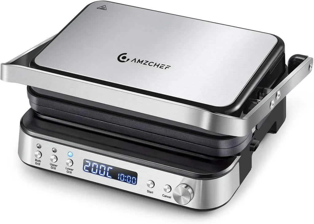Gril de Contact 4-en-1 AMZCHEF, Gaufrier et Appareil à Sandwich avec Plaques Amovibles, Réglages Personnalisés, Indicateur LED, 2000W - Argent