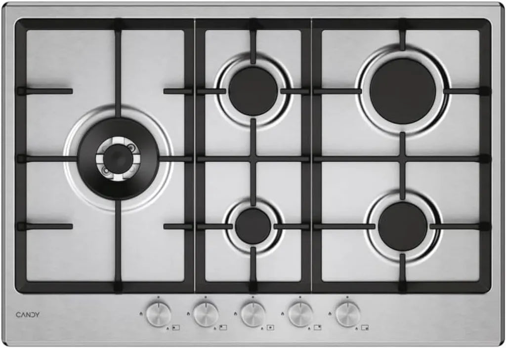 Plaque de cuisson gaz 5 foyers Candy, inox, brûleur double, grilles lavables, 74,5x51cm