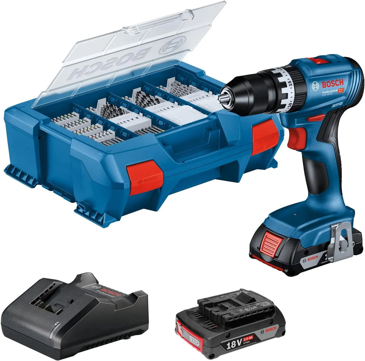 Bosch Perceuse à percussion – GSB, usage professionnel, 82 pièces, 18V, 2,0 Ah