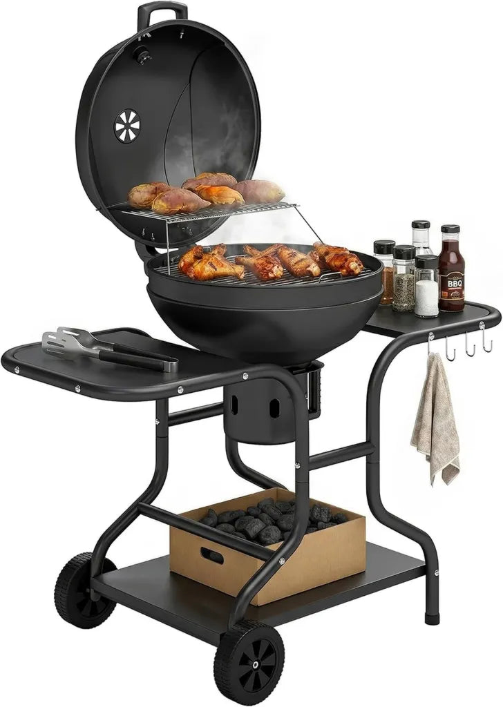 Grill à Charbon Rond Outsunny avec Couvercle et Thermomètre, Tables Latérales, Étagère de Rangement, Roues pour Jardin ou Terrasse, Noir