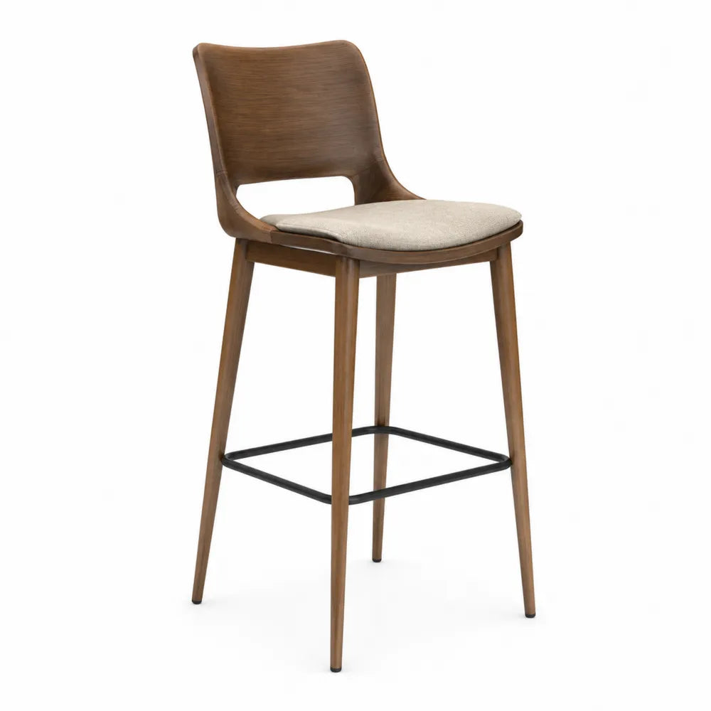 Tabouret de bar avec dossier 49 x 53 x 101 cm hêtre massif coussin polyester beige brun noyer noir