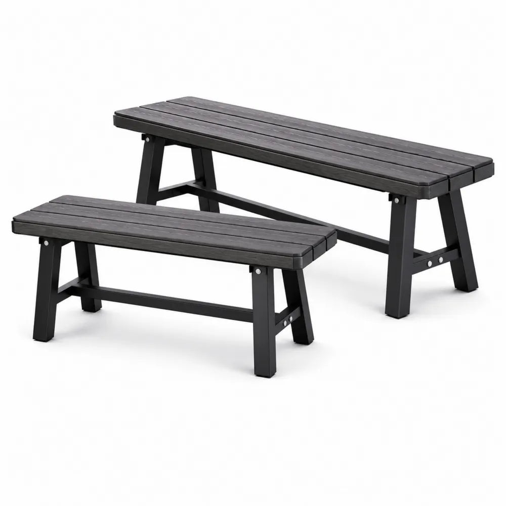 Lot de 2 bancs de jardin en acacia massif noir assises à lattes 150 x 35 x 45 cm et 110 x 35 x 45 cm