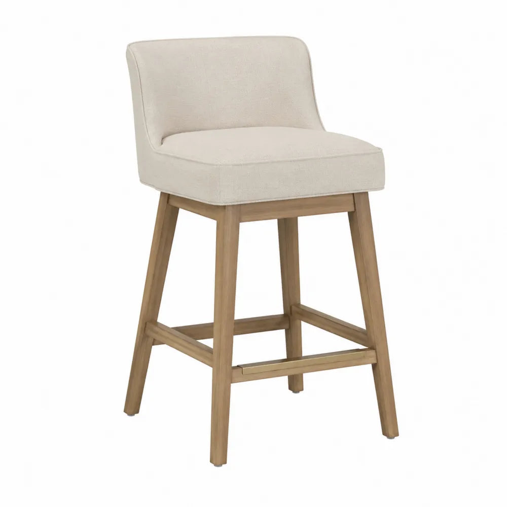 Tabouret de bar rembourré avec dossier en polyester beige hévéa massif naturel et repose-pieds acier laiton 50 x 55 x 108 cm