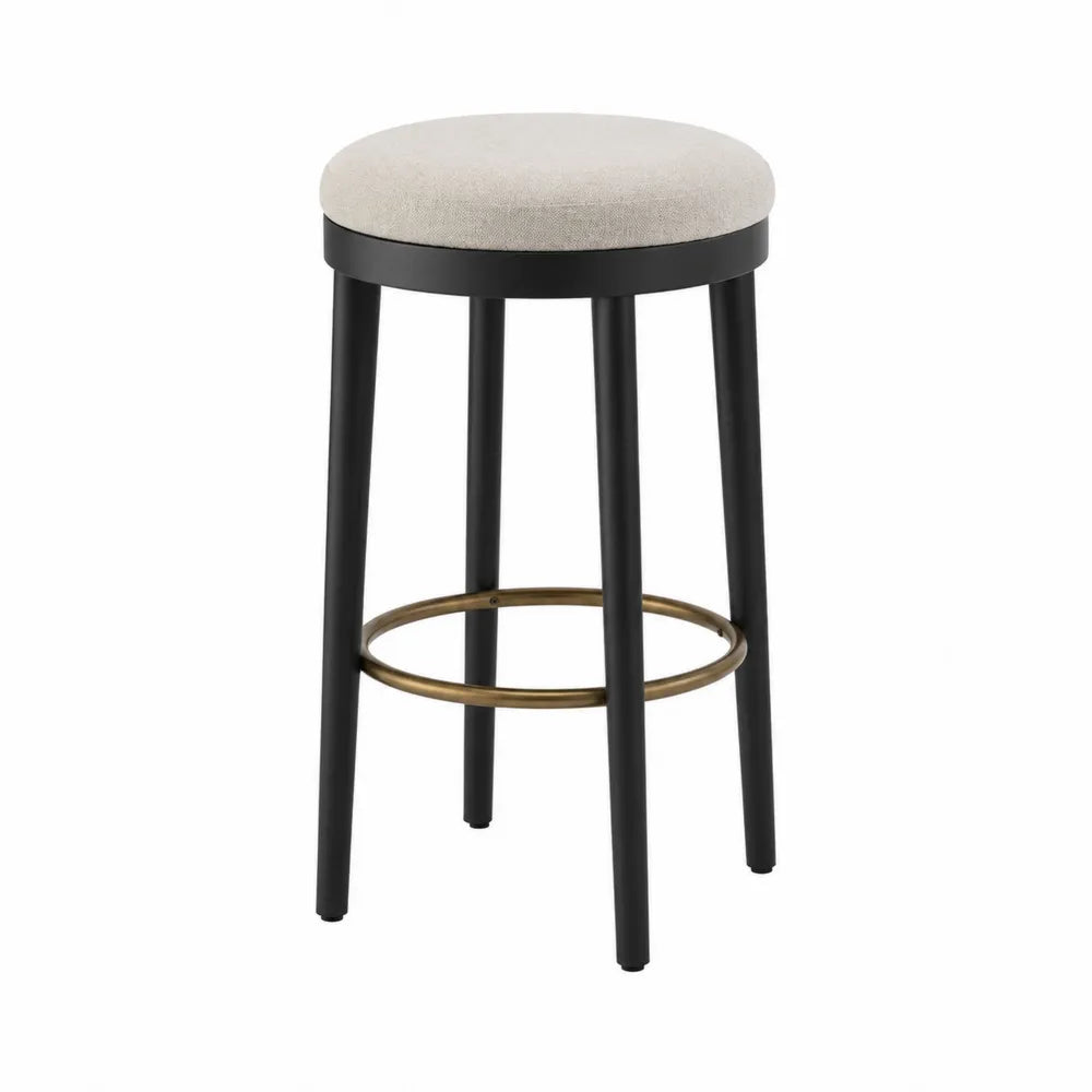 Tabouret de bar rond rembourré en polyester beige clair avec structure en acier noir et repose-pieds laiton vieilli 42 x 42 x 75 cm