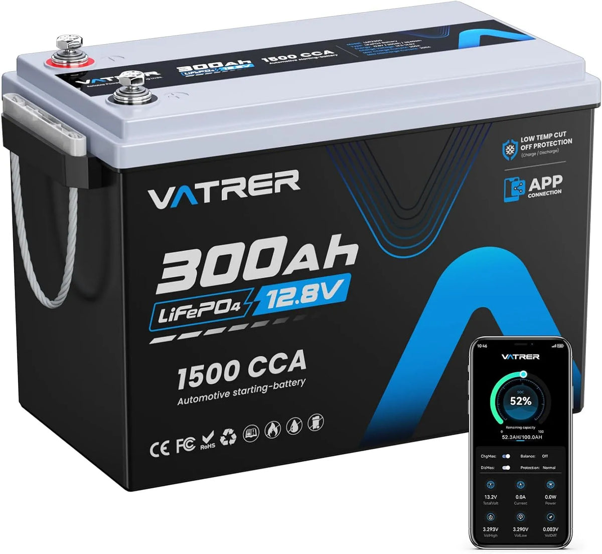 LiFePO4 Batterie lithium LiFePO4 et batterie solaire à décharge profonde, alimentation solaire, 300Ah, 12V, 200A, avec BMS