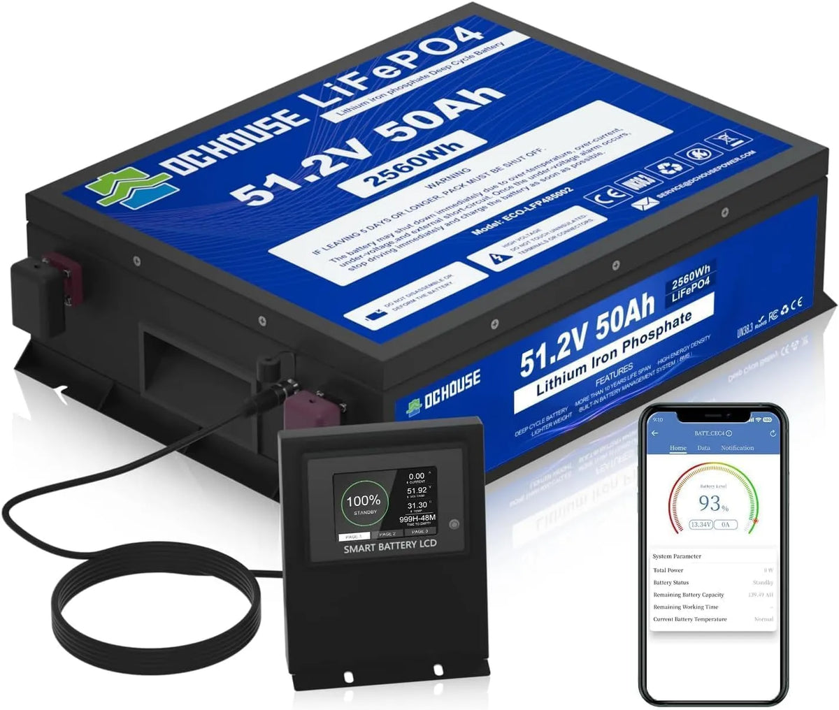 LiFePO4 Batterie lithium LiFePO4 et batterie solaire à décharge profonde, 50 Ah, 48 V, pour camping et camping-car, avec BMS