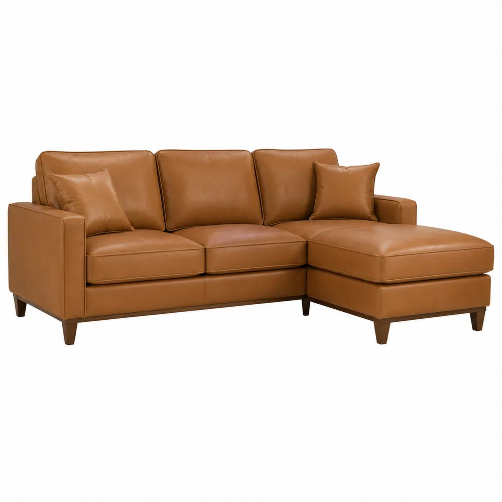 Canapé d’angle modulable 3 places avec méridienne droite 220 x 150 x 86 cm revêtement PU cognac pieds hévéa brun foncé