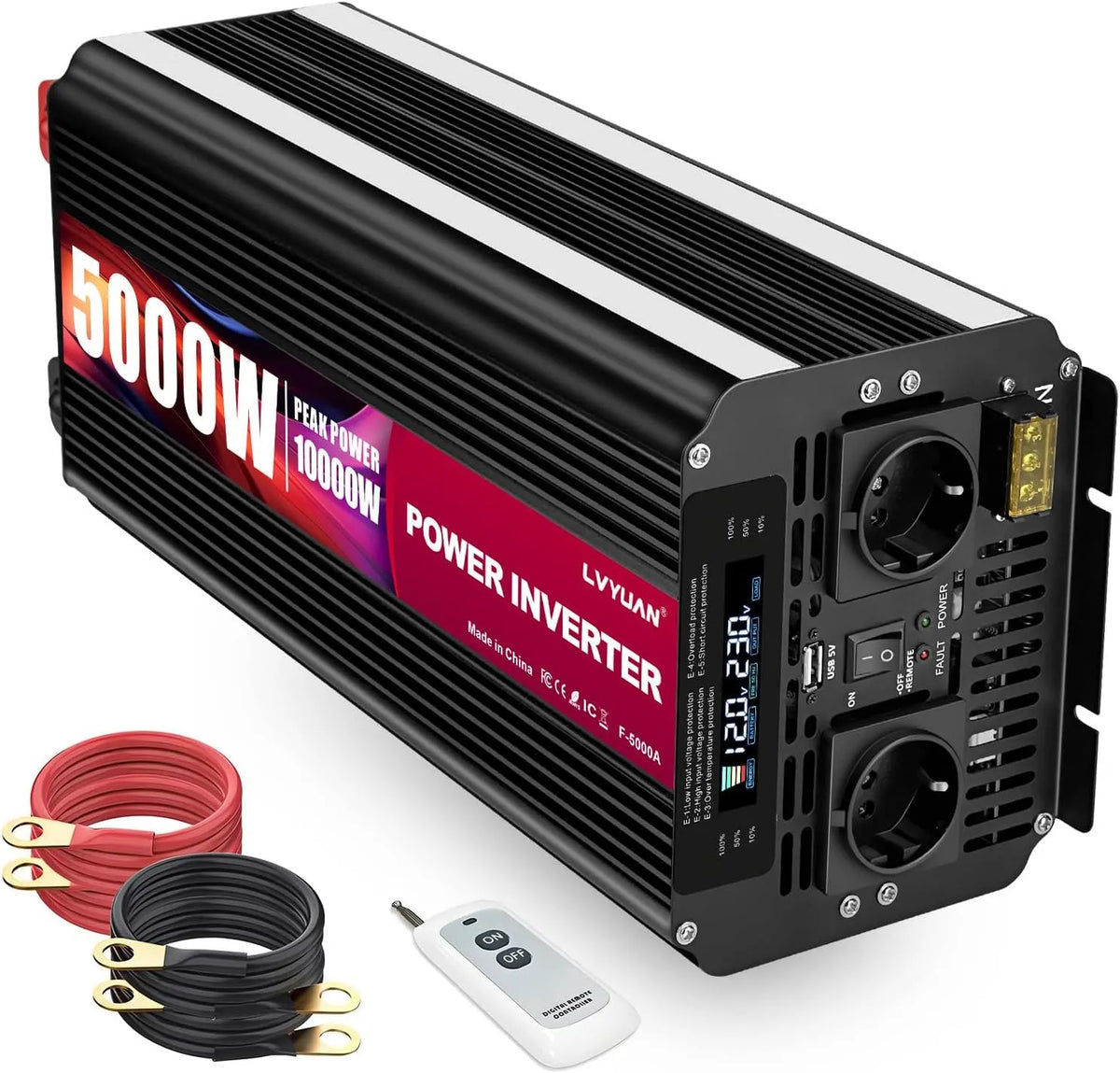 Yinleader Convertisseur 12v 220v Onde sinusoïdale modifiée onduleur 12V 230V 5000W/10000W transformateur avec LCD Télécommande Deux Prises AC et