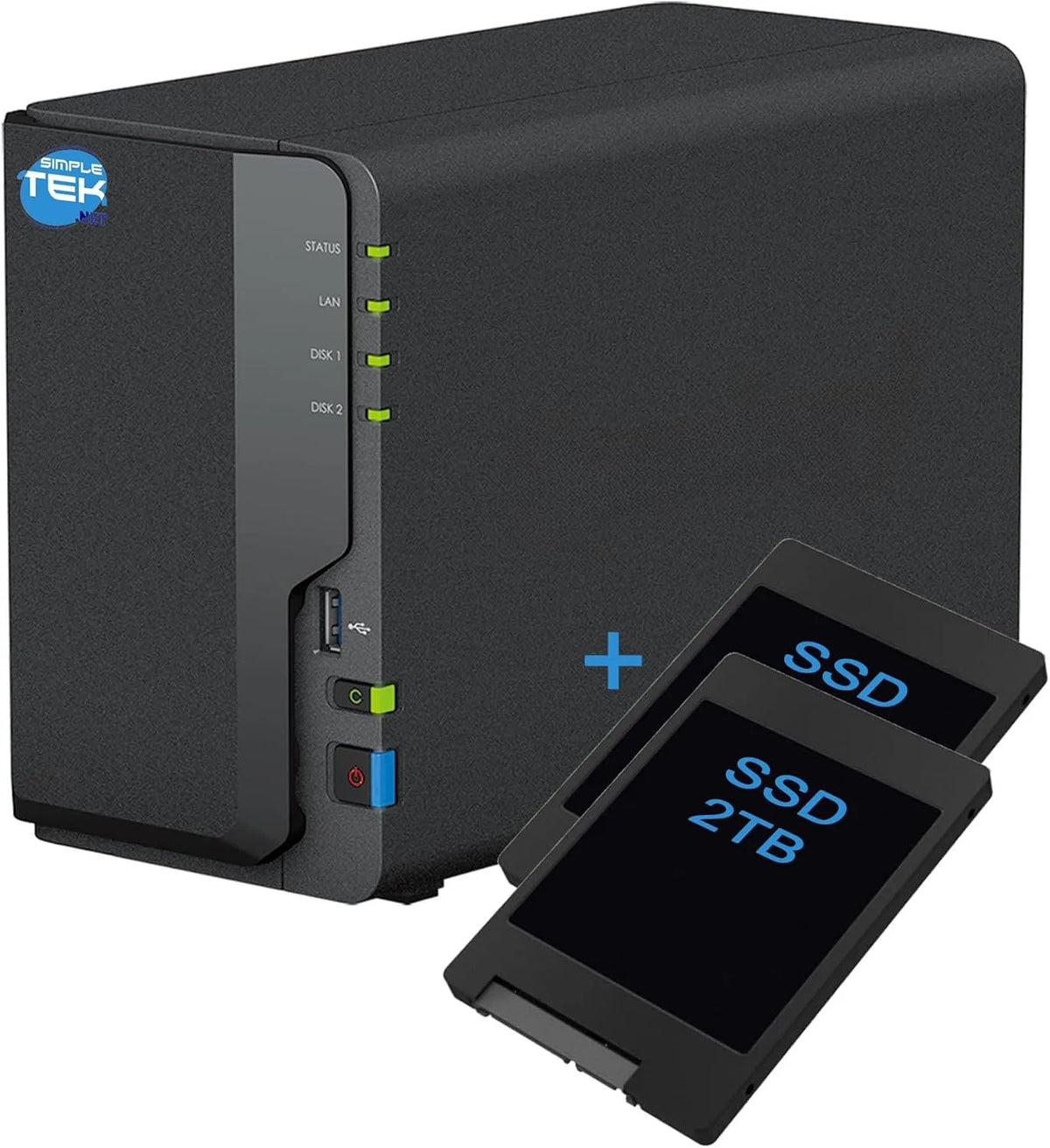 SIMPLETEK - Périphérique de stockage réseau NAS à 2 baies avec double SSD 2To+2To, copie USB, 2Go DDR4, Gigabit LAN