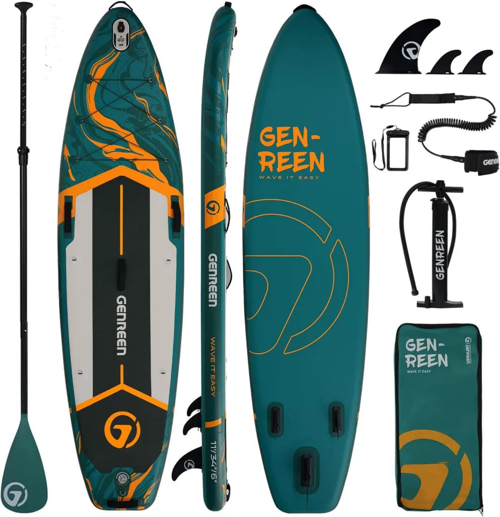 Planche de Paddle Gonflable 11m avec Accessoires, PVC Double Couche, Design Monstera
