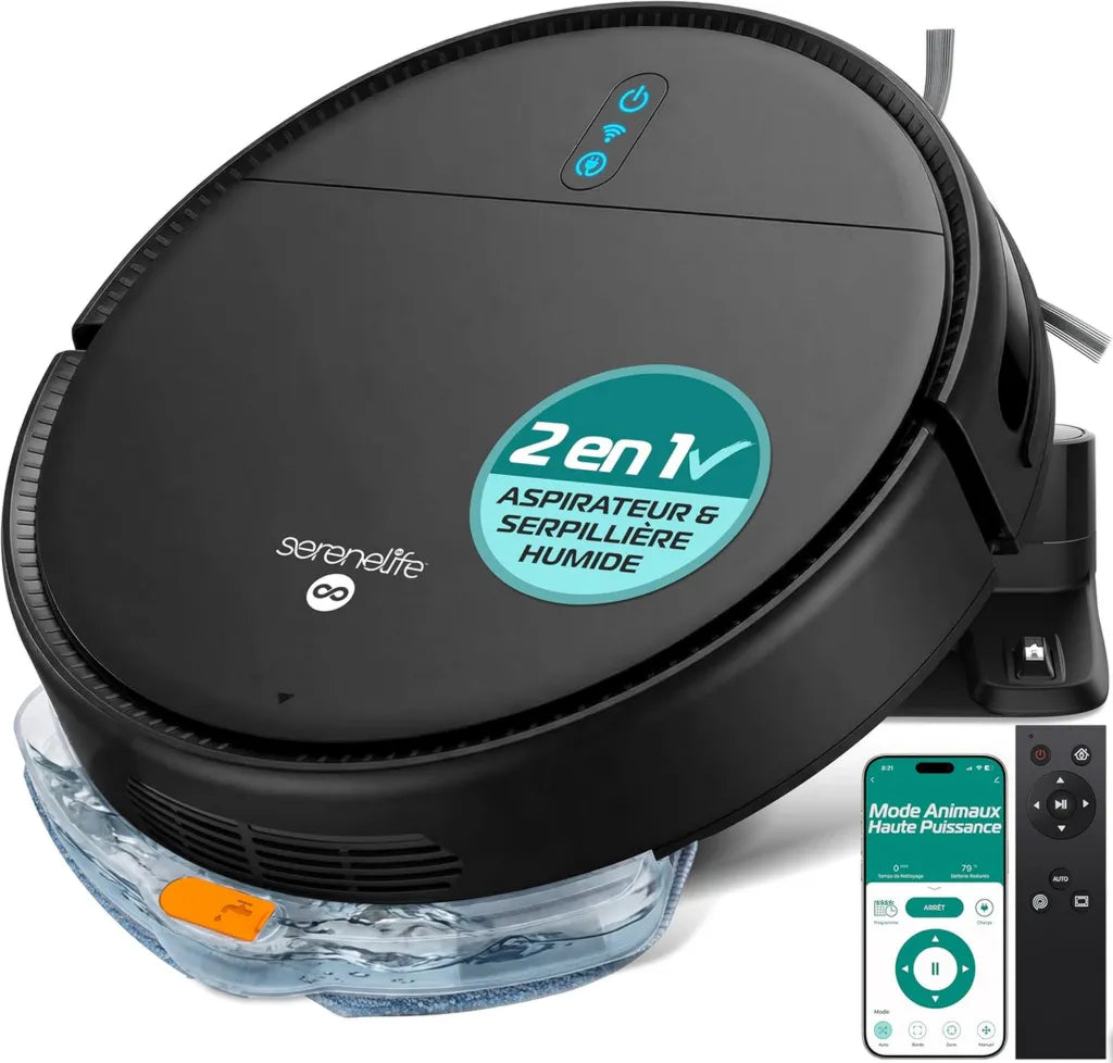 Aspirateur Robot 3-en-1 SereneLife – Recharge Auto, Détection Anti-Chute, Nettoyage Sols Durs et Tapis, Idéal Poils Animaux, Noir