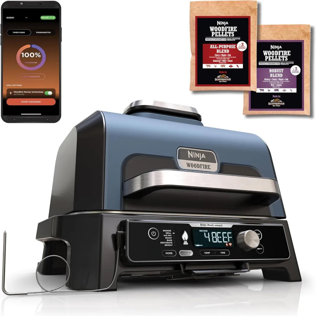 Grill Électrique et Fumoir Ninja Woodfire Pro XL Connect, 7-en-1 Extérieur avec Contrôle d'Application et Sonde Numérique, Friteuse à Air, Pellets de Bois, Résistant aux Intempéries, Noir