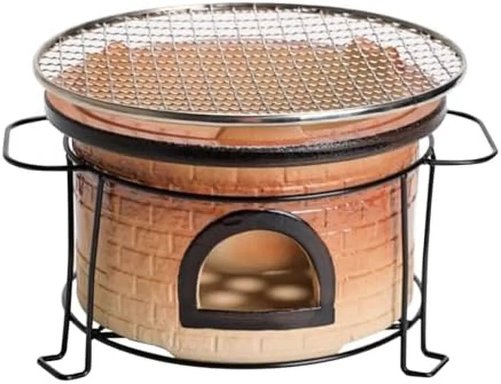 Barbecue Portable en Argile pour Camping, Réchaud à Charbon avec Grille en Fer, Idéal pour Barbecue et Thé en Plein Air