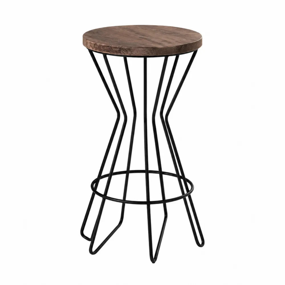 Tabouret de bar sans dossier assise ronde en hévéa massif marron structure en acier noir 40 cm x 40 cm x 76 cm