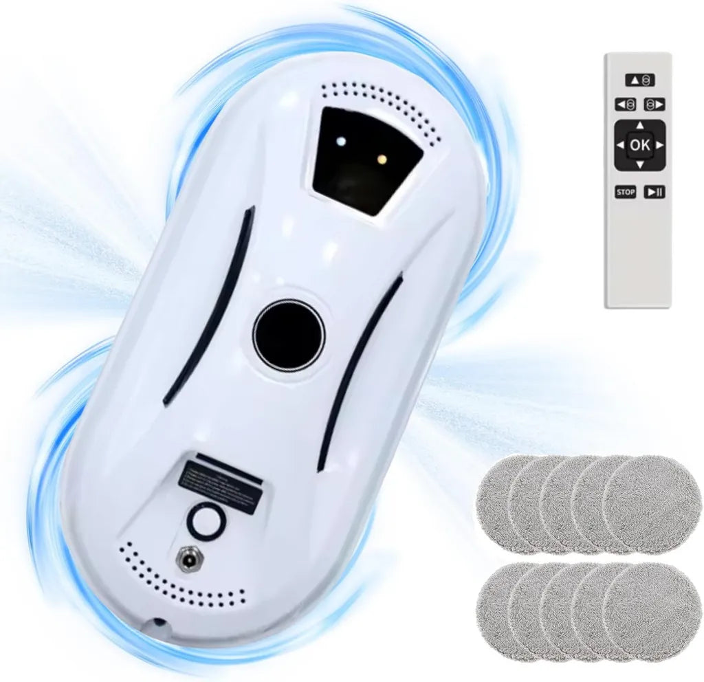 Robot lave-vitres automatique avec jet d'eau, 5600PA, navigation intelligente, télécommande incluse, idéal pour surfaces lisses, 10 chiffons fournis