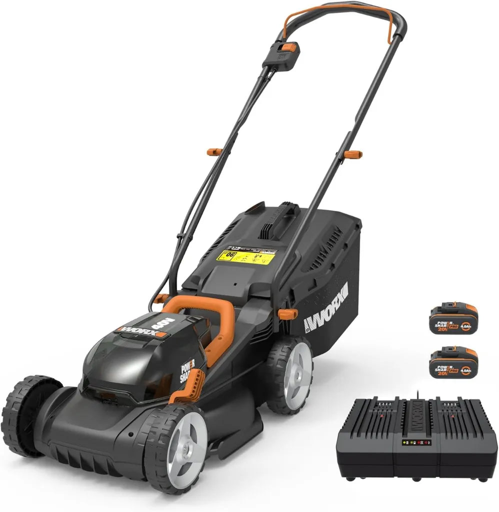 Tondeuse à Gazon WORX 40V Sans Fil, 34cm, Avec 2 Batteries 4Ah et Chargeur, Pour Jardins Jusqu'à 460m², Léger et Compact, Ajustement de Hauteur à 6 Niveaux