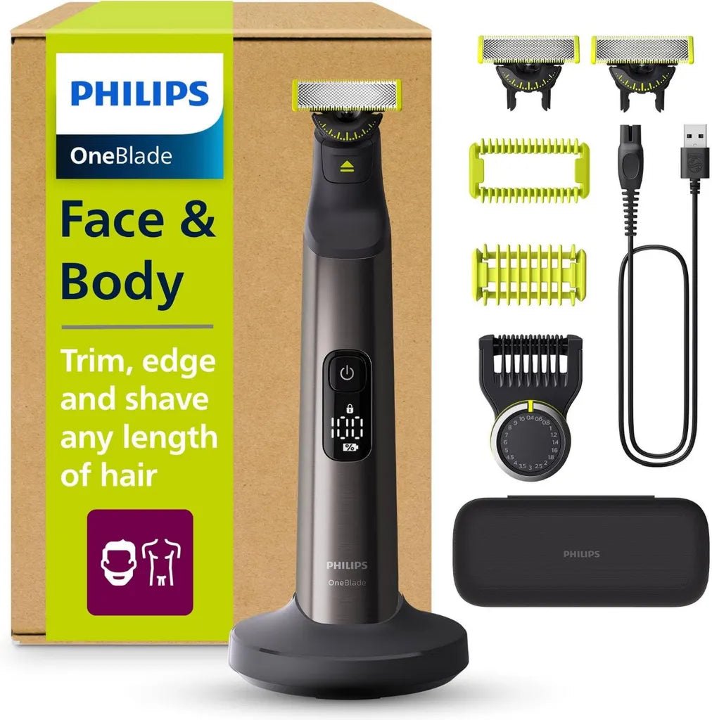Philips OneBlade Pro 360 - Rasoir Électrique et Tondeuse Visage et Corps, 2 Lames 360°, Sabot Réglable 20 Longueurs, Kit Corps Inclus, Socle de Charge