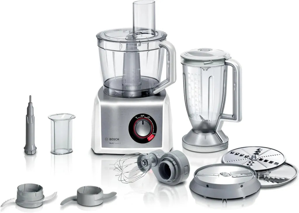 Robot culinaire Bosch MultiTalent 8, 45 fonctions, bol XXL 3,9 L, blender 1,5 L, 1250 W, accessoires polyvalents, blanc/inox