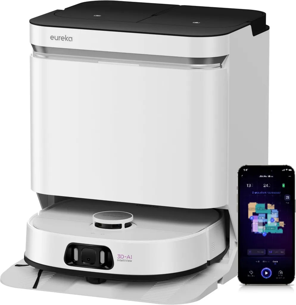 Aspirateur Robot Eureka J15 Pro Ultra - Puissant 16200 Pa, Nettoyage des Coins, Brosse Anti-Enchevêtrement, Lavage à l'Eau Chaude 75°C, Base Autonettoyante, Blanc