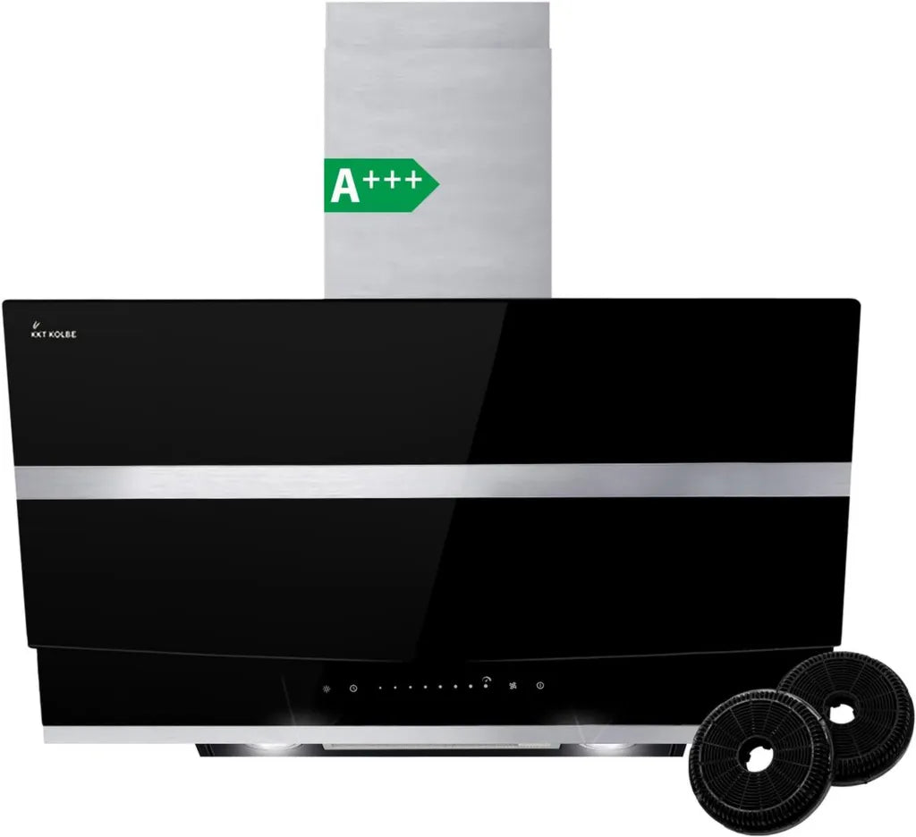 Hotte de Cuisine Inclinée 80 cm en Acier Inoxydable et Verre Noir avec Arrêt Automatique et Commande Tactile