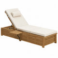 Bain de soleil de jardin en acacia massif avec dossier inclinable coussins beige et tablette latérale 200 x 72 x 86 cm