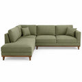 Canapé d’angle modulable 4 places avec méridienne gauche 250 x 160 x 86 cm tissu polyester vert sauge pieds hévéa brun