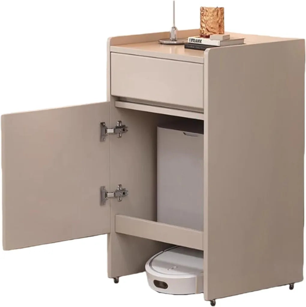 Meuble à roulettes multifonction avec portes pour aspirateur robot, table d'appoint maison et bureau (coloris thé au lait)