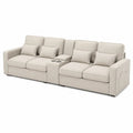 Canapé modulable droit 4 places 318 x 95 x 88 cm polyester tissé beige avec console centrale et 2 porte-gobelets