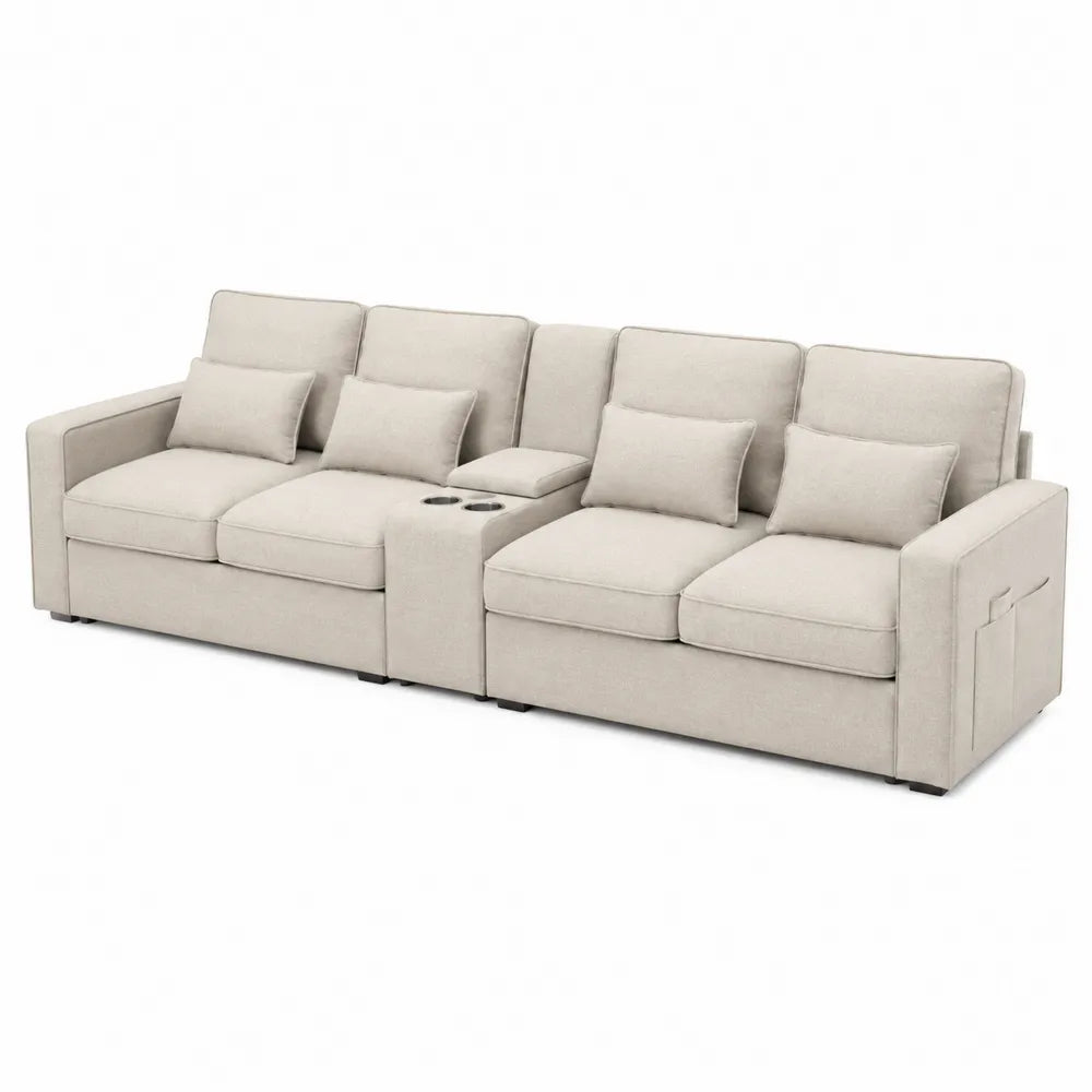 Canapé modulable droit 4 places 318 x 95 x 88 cm polyester tissé beige avec console centrale et 2 porte-gobelets