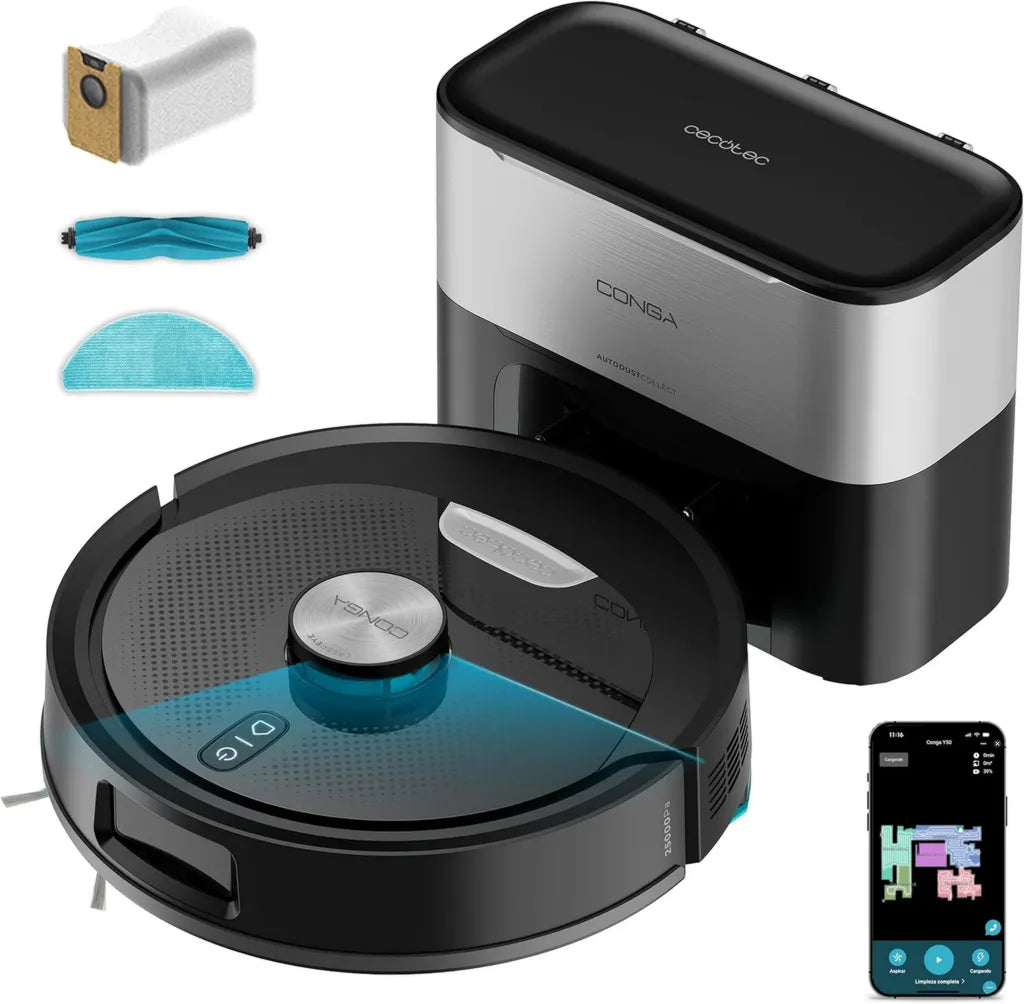 Robot Aspirateur Laveur Cecotec Conga Y80 avec Base Autonettoyante, 25000 Pa, 240 min Autonomie, Brosse Animaux, Sac 3 L, Bluetooth WiFi