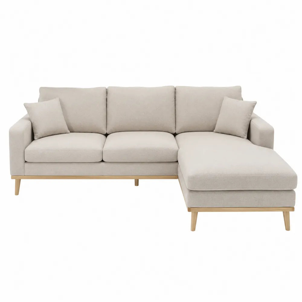 Canapé d’angle modulable 3 places avec méridienne droite 240 x 150 x 86 cm tissu polyester beige pieds hévéa chêne clair