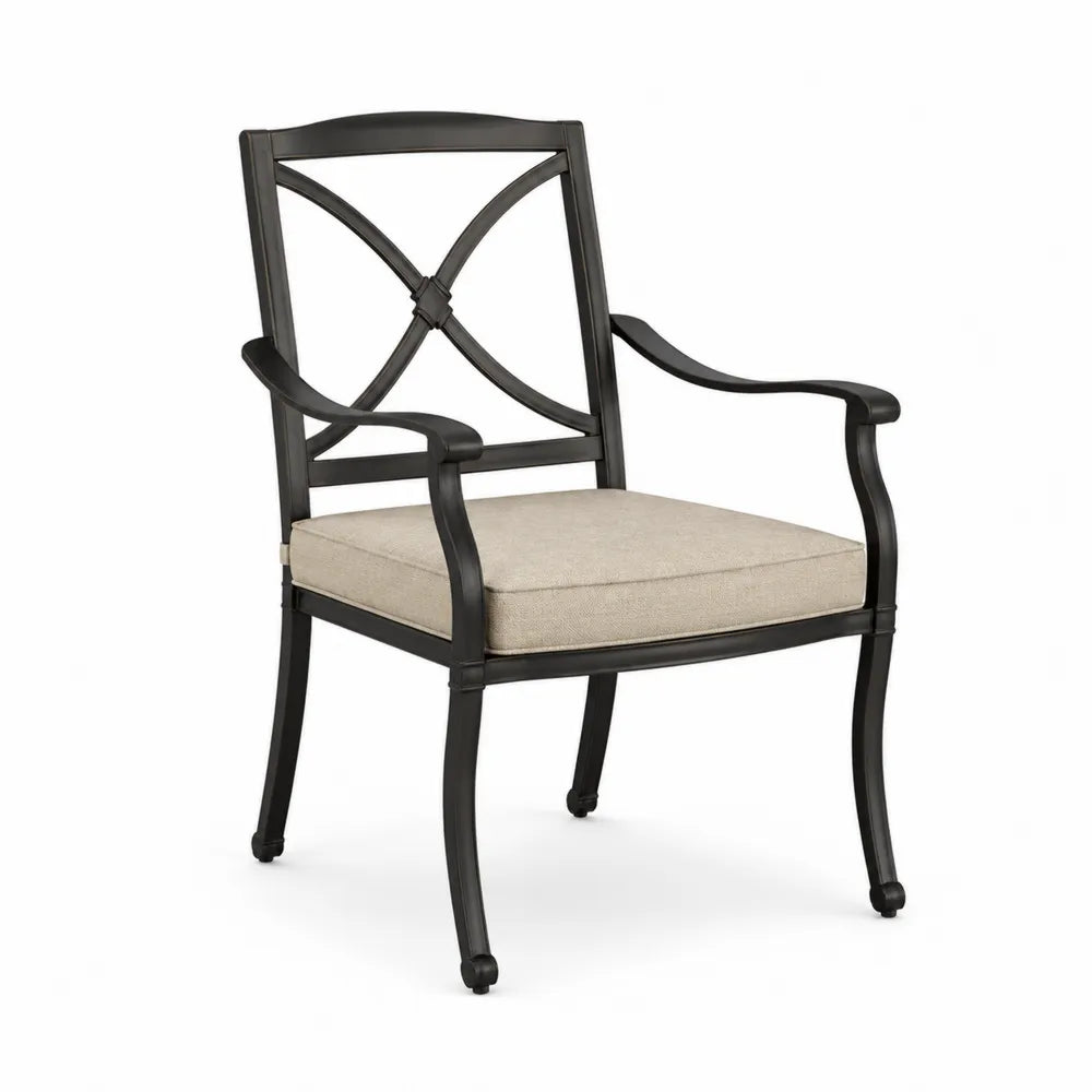 Fauteuil de jardin 1 place avec accoudoirs 61 x 63 x 93 cm aluminium moulé noir coussin polyester beige dossier croisé