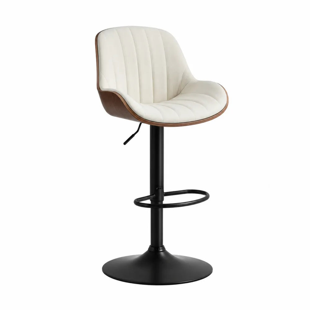 Tabouret de bar réglable pivotant avec dossier et accoudoirs assise rembourrée en simili cuir PU ivoire coque effet noyer base en acier noir 55 cm x 54 cm x 92-113 cm