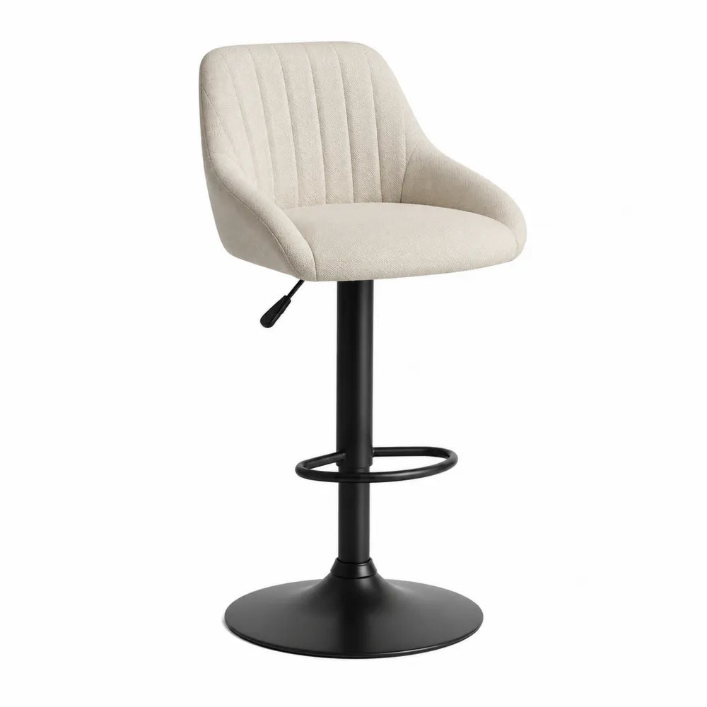 Tabouret de bar réglable pivotant avec dossier et accoudoirs assise rembourrée tissu polyester beige base en acier noir 54 cm x 55 cm x 88-108 cm