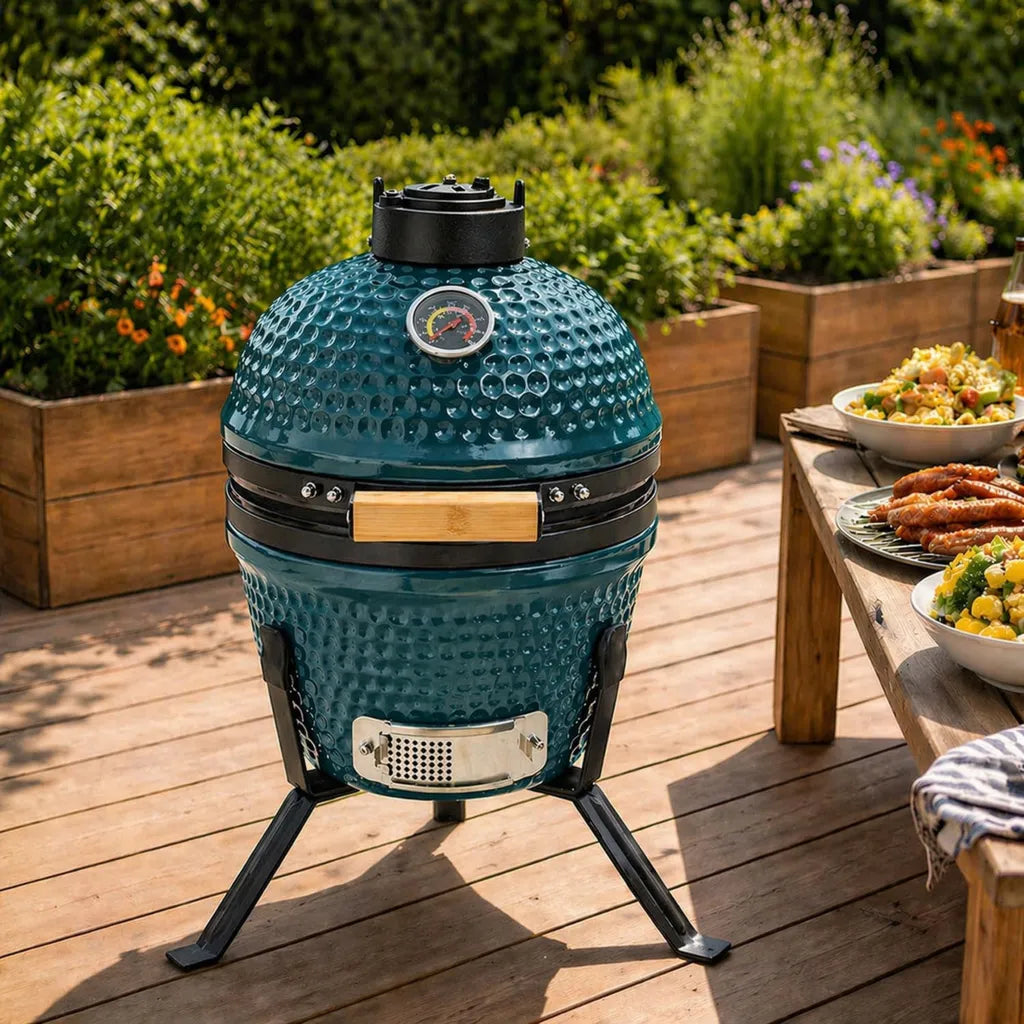 Mini Barbecue Kamado en Céramique 33 cm avec Support Portable, Bleu Sarcelle