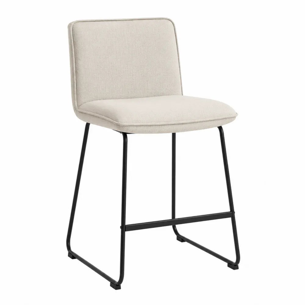 Tabouret de bar avec dossier rembourré assise rectangulaire tissu polyester beige clair piètement luge en acier noir 49 cm x 53 cm x 95 cm