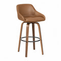 Tabouret de bar pivotant avec dossier et accoudoirs assise rembourrée en simili cuir PU cognac pieds effet noyer repose-pieds acier noir 56 cm x 55 cm x 98 cm