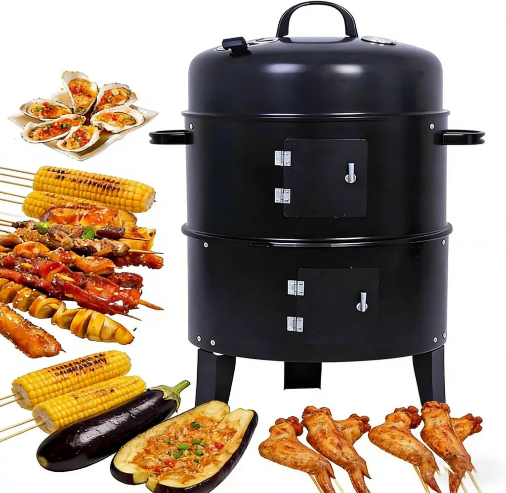 Fumoir Vertical 3 en 1 avec Thermomètre - Barbecue à Charbon Polyvalent pour Jardin et Camping