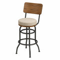 Tabouret de bar avec dossier en placage noyer assise ronde rembourrée tissu polyester beige cadre en acier noir 43 cm x 48 cm x 103 cm