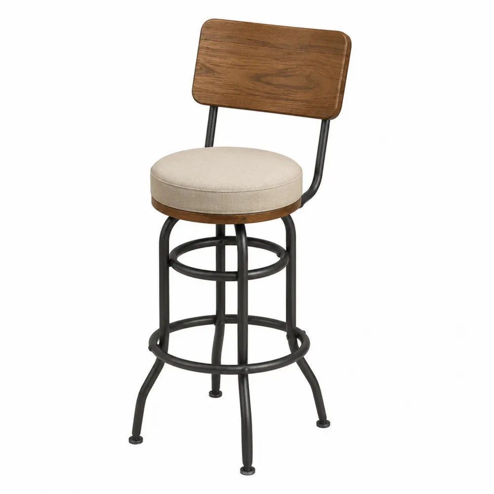 Tabouret de bar avec dossier en placage noyer assise ronde rembourrée tissu polyester beige cadre en acier noir 43 cm x 48 cm x 103 cm