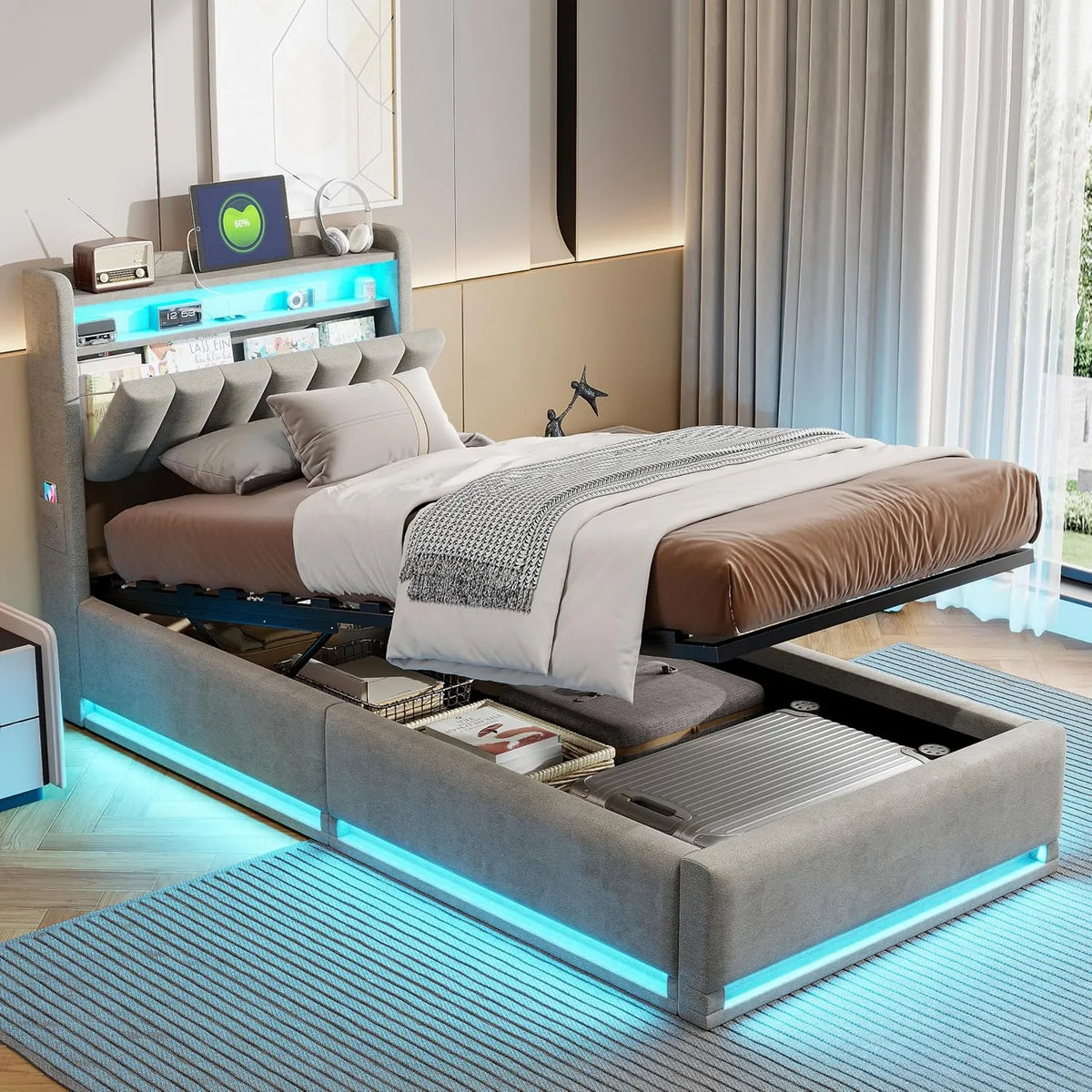 Lit Coffre 90x200 cm avec LED et Ports USB – avec rangement, avec port USB, affichage LED, 90 × 200 cm, gris, revêtement en velours