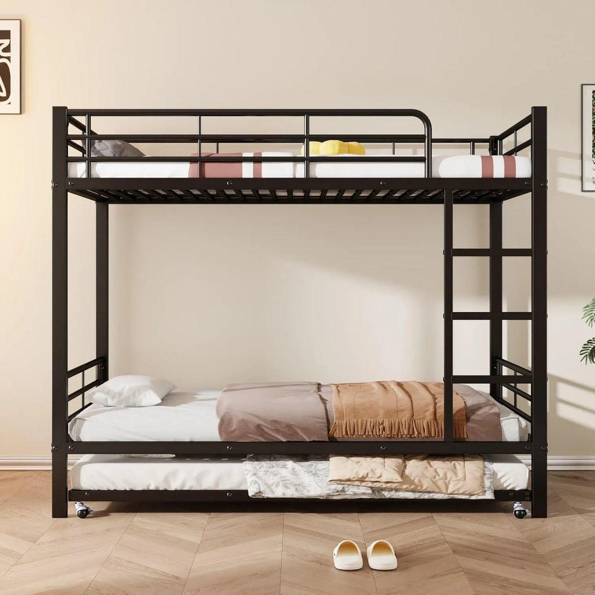 Lit superposé et lit mezzanine: en métal, avec échelle, 90 × 200cm, noir, revêtement en tissu