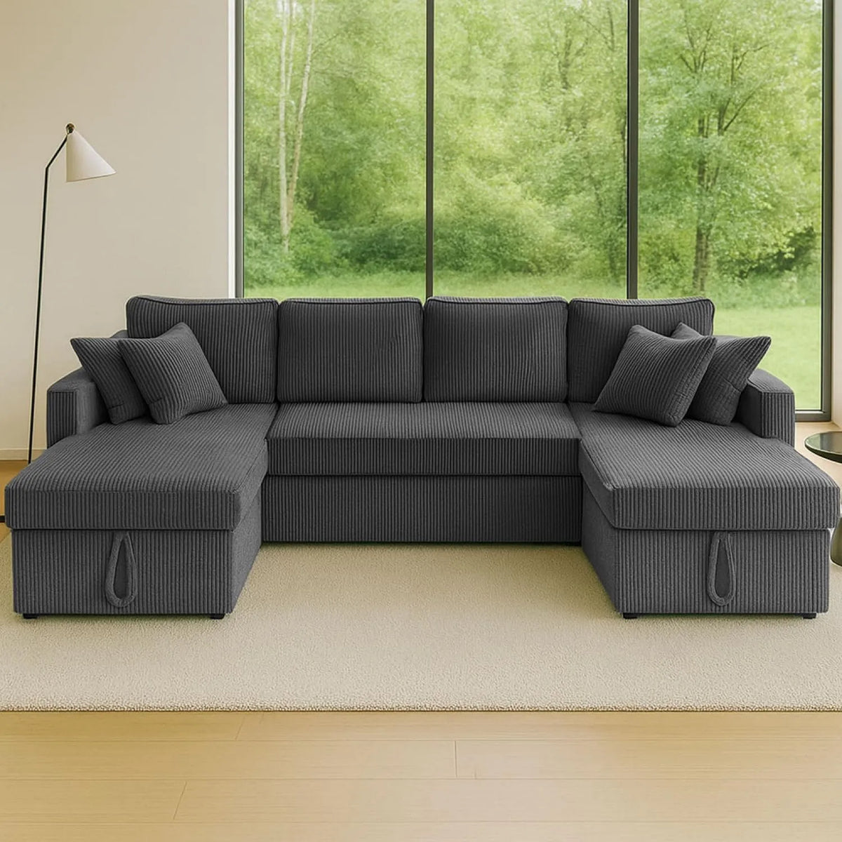 Canapé: USINE, en velours côtelé, avec rangement, convertible, 4 Places, 267 × 110 cm, gris