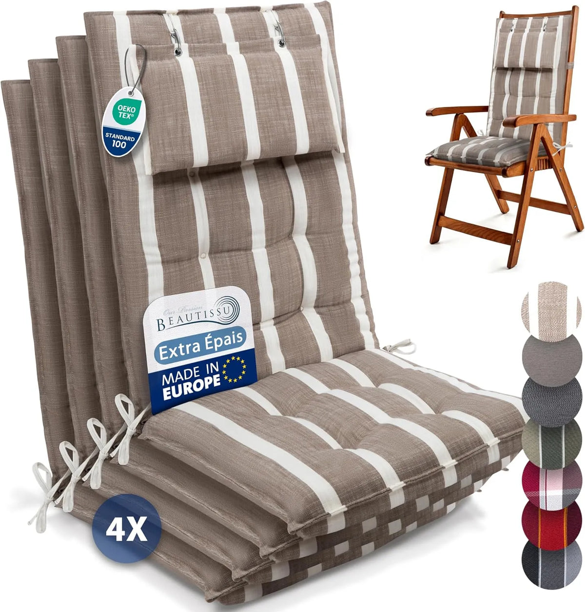 Chaise – antidérapant, revêtement en tissu, avec dossier, avec coussins, Set de 4, 120 × 50 cm, 8 cm