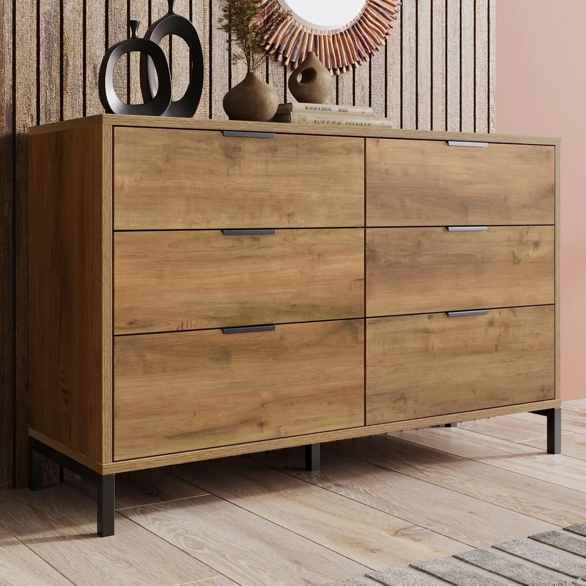 Commode 6 Tiroirs Meubles de Rangement Buffet et meuble de rangement Commode Chambre avec — avec poignée, avec rangement, avec tiroirs, noir