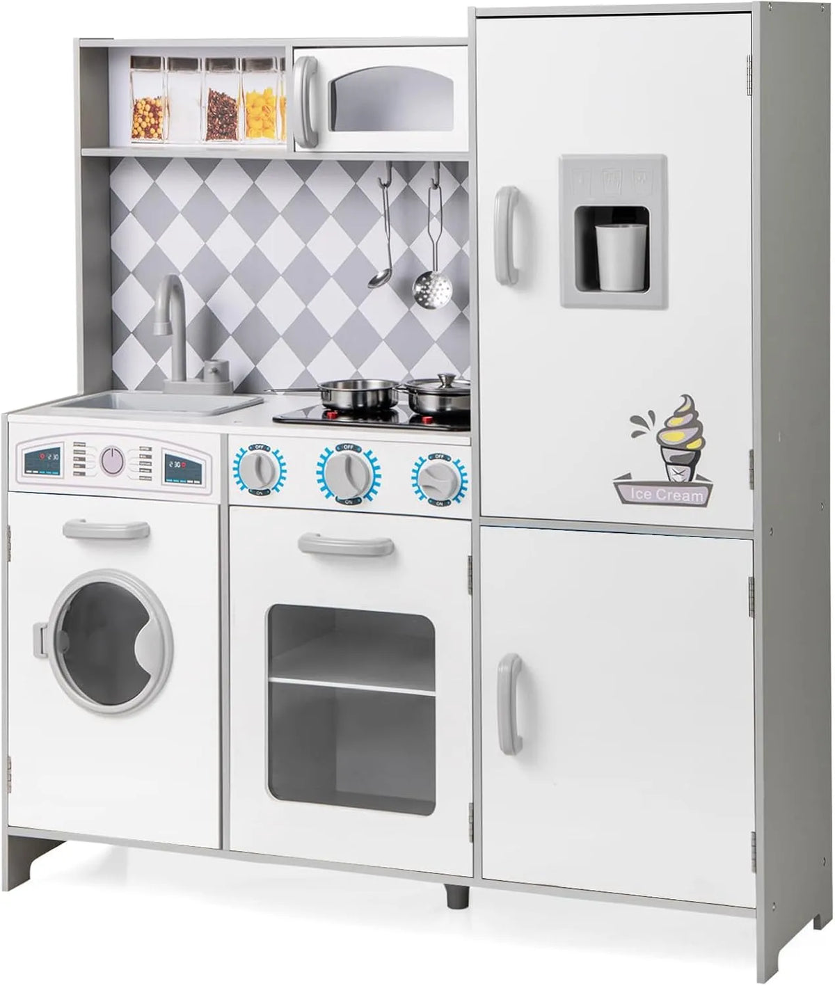 Lave-linge, Jouet de Simulation pour Tout-Petits de 3 Ans+, COSTWAY Cuisine Enfant en Bois avec Effets Sonores et Lumières, Machine à Glaçons