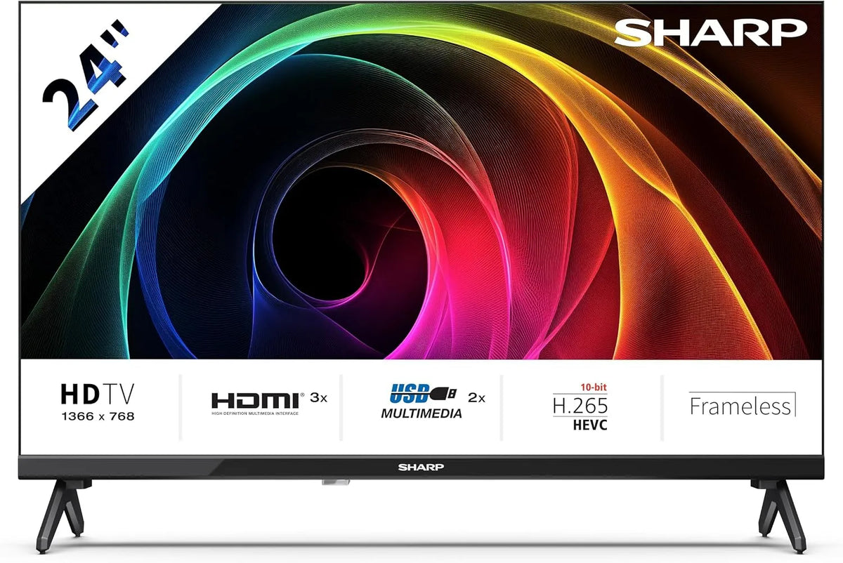 Sharp sans Cadre, Non-Smart 24' HD, 60 Hz, Son 2 x 3 W 24HA1305E, HDMIx 3, USB x 2, Couleur Noire